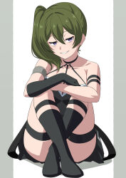 Rule 34 | 1girl, absurdres, arm strap, armlet, bare shoulders, black dress, choker, collarbone, dress, gloves, green hair, grin, highres, knees up, looking at viewer, maretto, medium hair, o-ring, o-ring choker, purple eyes, side ponytail, simple background, single glove, sitting, smile, solo, sousou no frieren, thigh strap, ubel (sousou no frieren), white background