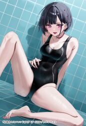 Rule 34 | 1girl, bare arms, bare shoulders, barefoot, black hair, black one-piece swimsuit, blush, breasts, chigusa minori, choker, cleavage, collarbone, ear piercing, hamanasu ruka, highres, koutsugou semi-friend, large breasts, looking at viewer, one-piece swimsuit, open mouth, piercing, purple choker, purple eyes, short hair, sitting, smile, solo, swimsuit, thighs, tiles