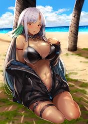 Rule 34 | 1girl, arm support, azur lane, baggy clothes, bare shoulders, beach, bikini, bikini top only, bikini under clothes, black jacket, blue sky, blush, breasts, brown eyes, choker, cleavage, cloud, dark-skinned female, dark skin, day, highres, jacket, large breasts, long hair, long sleeves, looking at viewer, massachusetts (azur lane), multicolored hair, native american, navel, ocean, off shoulder, open clothes, outdoors, palm tree, partially unzipped, sand, shade, silver hair, sitting, skindentation, sky, solo, stomach, sweat, swimsuit, swimsuit under clothes, tan, thigh strap, thighs, tobimura, tree, unzipped, yokozuwari, zipper