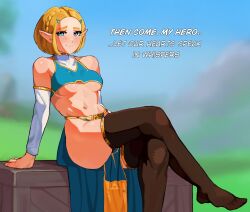Rule 34 | 1girl, abs, absurdres, alternate costume, ass, blue eyes, breasts, cape, come hither, crate, crossed legs, detached sleeves, gold, hair ornament, highres, jewelry, medium breasts, mokuppoh, neck ring, nintendo, princess zelda, sedusa, sitting, solo, the legend of zelda, the legend of zelda: tears of the kingdom, thick thighs, thighs, underboob