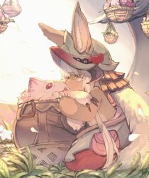 Rule 34 | 1other, animal ears, brown fur, claws, commentary request, creature, ears through headwear, fake horns, flower, flower pot, furry, grass, half-closed eyes, hanging plant, helmet, highres, horizontal pupils, horned helmet, horns, in pot, looking at another, made in abyss, mitty (made in abyss), nanachi (made in abyss), open mouth, other focus, outdoors, petals, pink flower, pouch, profile, puffy pants, red eyes, siki 00, standing, tree, whiskers, white flower, white hair, yellow eyes