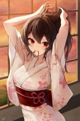 Rule 34 | 1girl, arms up, blush, brown hair, closed mouth, floral print, hair between eyes, hair tie in mouth, highres, holding, holding own hair, indoors, japanese clothes, kimono, long hair, looking at viewer, mouth hold, nankam, obi, original, print kimono, red eyes, sash, signature, smile, solo, tying hair, upper body, white kimono, yukata