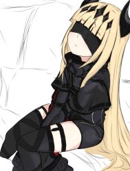 Rule 34 | 1girl, :|, arms between legs, black horns, black jacket, black thighhighs, blindfold, blonde hair, closed jacket, closed mouth, covered eyes, flat chest, hair ornament, highres, horns, jacket, long hair, long k96 (artist), petite, school swimsuit, sitting, star (symbol), star hair ornament, swimsuit, thighhighs, very long hair, virtual youtuber, wactor production