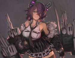 Rule 34 | 1girl, black neckerchief, breast pocket, breasts, brown eyes, closed mouth, collarbone, eyepatch, headgear, highres, kantai collection, large breasts, machinery, moor, neckerchief, pocket, purple hair, rigging, short hair, smile, solo, tenryuu (kancolle), tenryuu kai ni (kancolle), turret