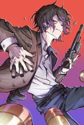 Rule 34 | 1boy, ammunition, belt, brown hair, brown jacket, bullet, character request, denim, gradient background, gradient hair, gun, handgun, handgun cartridge, highres, holding, holding gun, holding weapon, jacket, kemokemo, long sleeves, looking at viewer, male focus, medium hair, multicolored hair, purple hair, revolver, shell casing, shirt, simple background, solo, wadcutter, weapon, white shirt
