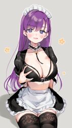 Rule 34 | 1girl, absurdres, apron, artist request, belt, black choker, black shirt, black skirt, black thighhighs, blue eyes, breasts, choker, cleavage, crop top, frilled choker, frilled skirt, frills, grey background, groping, hand on own chest, high-waist skirt, highres, large breasts, long hair, looking at viewer, maid, maid apron, maid headdress, midriff, miniskirt, open mouth, original, purple hair, shirt, short sleeves, simple background, sitting, skirt, smile, solo, thighhighs, thighs, waist apron, wrist cuffs, zettai ryouiki