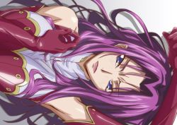 Rule 34 | 1girl, angry, armpits, arms up, bare shoulders, blue eyes, blush, breasts squeezed together, breasts, code geass, cornelia li britannia, detached collar, elbow gloves, gloves, kyabakurabakufu, large breasts, long hair, looking at viewer, lying, on back, purple hair, raised eyebrows, solo, upper body