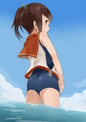 Rule 34 | 10s, 1girl, akiha (attract), ass, bad id, bad pixiv id, brown eyes, brown hair, cloud, day, from behind, i-401 (kancolle), kantai collection, kskasutera, one-piece swimsuit, sailor collar, school swimsuit, short ponytail, sky, solo, swimsuit, swimsuit under clothes, wading, water