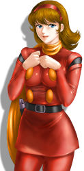 Rule 34 | 1girl, breast press, breasts, brown hair, cyborg 009, francoise arnoul, green eyes, highres, lips, long hair, looking at viewer, medium breasts, scarf, shiny clothes, simple background, solo, toten (der fuhrer), uniform, weapon, white background