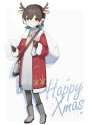Rule 34 | 1girl, :3, alcohol, alternate costume, animal ears, antlers, bag, black hair, black pantyhose, blue ribbon, boots, brown eyes, brown gloves, coat, commentary request, deer ears, dress, earmuffs, fake animal ears, fake antlers, folded ponytail, full body, fur-trimmed coat, fur trim, gloves, hair ribbon, highres, horns, kantai collection, kasuga maru (kancolle), long hair, merry christmas, pantyhose, paper, red coat, reindeer antlers, ribbon, rubber boots, sake, silver footwear, simple background, smile, snowflake print, solo, standing, sweater, sweater dress, swept bangs, white background, white dress, yamashichi (mtseven)