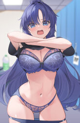 Rule 34 | 1girl, black shirt, blue archive, blue bra, blue eyes, blue hair, blue panties, blue shorts, blurry, blurry background, blush, bra, breasts, buruma, buruma pull, clothes pull, highres, large breasts, long hair, looking at viewer, navel, official alternate costume, open mouth, panties, ponytail, shirt, shorts, soar sora222, solo, underwear, undressing, yuuka (blue archive), yuuka (track) (blue archive)