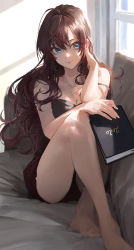 Rule 34 | 1girl, :3, bare arms, bare legs, bare shoulders, barefoot, black panties, blue eyes, blurry, book, bra strap, breasts, camisole, cleavage, closed mouth, couch, depth of field, foreshortening, hair between eyes, highres, ichinose shiki, idolmaster, idolmaster cinderella girls, long eyelashes, long hair, medium breasts, messy hair, modare, panties, panty peek, red hair, short shorts, shorts, sidelighting, sitting, smile, solo, strap slip, sunlight, thighs, underwear, window