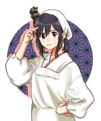Rule 34 | 1girl, apron, black hair, hair ornament, hand on own hip, holding, holding own hair, japanese clothes, kantai collection, kappougi, looking at viewer, nontraditional miko, red eyes, sagamiso, short hair, simple background, sleeves rolled up, solo, upper body, yamashiro (kancolle)