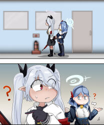 Rule 34 | 2girls, 2koma, ako (blue archive), armband, bell, blue archive, blue eyes, blue hair, breasts, c/h, collared shirt, comic, commentary, dark-skinned female, dark skin, demon girl, demon tail, english commentary, grey hair, gun, hair between eyes, hairband, halo, highres, holding, holding gun, holding weapon, iori (blue archive), long hair, long sleeves, looking at another, medium breasts, multiple girls, neck, neck bell, necktie, pleated skirt, pointy ears, red eyes, rifle, school uniform, shirt, sideboob, sidelocks, silent comic, skirt, tail, twintails, weapon