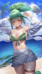 Rule 34 | 1girl, absurdres, aged up, alternate costume, beach, bikini, bikini top only, breasts, cleavage, cowboy shot, duel monster, green eyes, green hair, hat, highres, jacket, long sleeves, looking at viewer, medium breasts, open clothes, open jacket, palm tree, parted lips, pom pom (clothes), ponytail, sayaka ikku, single bare shoulder, skirt, sky, solo, stomach, swimsuit, thigh strap, tree, wynn (yu-gi-oh!), yu-gi-oh!