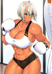 Rule 34 | 1girl, 23 (real xxiii), abs, absurdres, bare shoulders, black shorts, boxing gloves, bra, breasts, choker, cleavage, coat, collarbone, commentary request, cowboy shot, curvy, dark-skinned female, dark skin, eyes visible through hair, female focus, hair between eyes, highres, huge breasts, indoors, large breasts, looking away, micro shorts, muscular, muscular female, navel, original, punching bag, sela (23), short hair, shorts, solo, sports bra, stomach, sweat, thick thighs, thighs, underwear, white choker, white coat, white hair