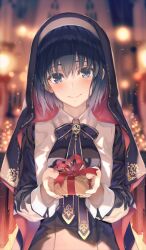 1girl blue_dress blue_eyes blue_hair blush breasts c.i.e.l_(fate) ciel_(tsukihime) dress fate/grand_order fate_(series) gift long_sleeves looking_at_viewer medium_breasts misaki_kurehito nun official_art smile space_phantas-moon_another_christmas straight-on textless_version tsukihime tsukihime_(remake) upper_body veil