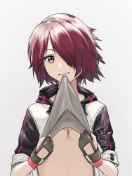 Rule 34 | 1girl, arknights, azslyne, breasts, brown eyes, clothes pull, exusiai (arknights), fingerless gloves, gloves, grey background, hair over one eye, jacket, looking at viewer, mouth hold, no bra, red hair, short hair, simple background, small breasts, smile, solo, underboob, upper body, white jacket
