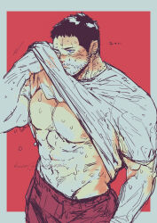 Rule 34 | 1boy, abs, absurdres, bara, bare pectorals, black hair, black pants, blush, chris redfield, closed mouth, clothes lift, facial hair, highres, kuconoms, large pectorals, male focus, muscular, muscular male, navel, nipples, one eye closed, pants, pectorals, resident evil, resident evil 6, shirt, shirt lift, short hair, solo, sweat, sweatdrop, twitter username, white shirt