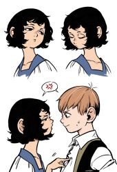 Rule 34 | 1boy, 1girl, anger vein, black eyes, black hair, brown hair, chilchuck&#039;s wife, chilchuck tims, dungeon meshi, eye contact, husband and wife, looking at another, medium hair, multiple views, ruoliang, short hair, spoken anger vein, sweatdrop, vest, white background
