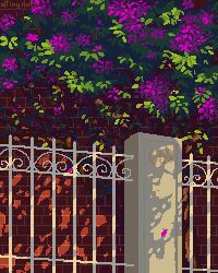 Rule 34 | animated, animated gif, artist name, atinynut, brick wall, day, fence, flower, highres, outdoors, petals, pixel art, scenery, shadow