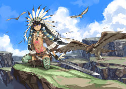 Rule 34 | 1girl, bird, black gloves, black hair, blue sky, breasts, canyon, cloud, cloudy sky, dark skin, dark-skinned female, day, eagle, feathers, fringe trim, gloves, hair tubes, hawk, headdress, holding, holding weapon, kurogin, long sleeves, looking at viewer, miniskirt, native american, native american headdress, navel, original, outdoors, purple eyes, revealing clothes, serious, skirt, sky, small breasts, solo, sword, tattoo, thighhighs, tribal, weapon, cowboy western, wide sleeves