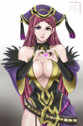 Rule 34 | 1girl, absurdres, bare shoulders, braid, breasts, cleavage, dress, earrings, feather trim, fingernails, fire emblem, fire emblem heroes, garter straps, geazs, hat, heart, heart hands, highres, jewelry, large breasts, lipstick, loki (fire emblem), long hair, long sleeves, makeup, nail polish, nintendo, purple dress, purple eyes, purple hair, purple nails, side slit, single braid, solo, wide sleeves