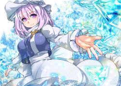 Rule 34 | 1girl, hat, juliet sleeves, letty whiterock, light purple hair, long sleeves, looking at viewer, mob cap, outstretched arms, pink eyes, puffy sleeves, sash, shirt, skirt, smile, solo, touhou, umigarasu (kitsune1963)