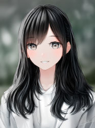 Rule 34 | 1girl, black hair, blurry, blurry background, blush, hair over shoulder, highres, jacket, long hair, looking at viewer, ojay tkym, open clothes, open jacket, original, outdoors, shirt, signature, smile, solo, standing, swept bangs, teeth, tree, upper body, white jacket, white shirt