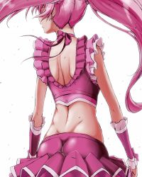 Rule 34 | 10s, 1girl, back, bow, cure melody, dimples of venus, earrings, houjou hibiki, jewelry, long hair, magical girl, midriff, pink bow, pink hair, precure, simple background, solo, suite precure, tj-type1, twintails, white background