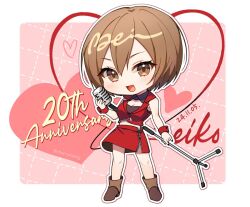 1girl 2024 anniversary bob_cut boots border bra breasts brown_eyes brown_hair character_name cherrymeing chibi chibi_only cleavage commentary dated detached_collar english_text floating_clothes grey_bra hashtag-only_commentary heart holding holding_microphone large_breasts looking_at_viewer meiko_(vocaloid) microphone open_mouth project_sekai red_skirt red_vest red_wrist_cuffs skirt symbol-only_commentary underwear vest vocaloid white_border wrist_cuffs