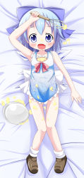 Rule 34 | 1girl, :d, apron, arm up, bare arms, bare shoulders, bed sheet, blue apron, blue bow, blue eyes, blush, bow, breasts, brown footwear, cirno, collarbone, commentary request, dakimakura (medium), fang, food, food on face, frilled apron, frills, full body, gluteal fold, hair between eyes, hair bow, highres, holding, looking at viewer, lying, makuran, naked apron, on back, open mouth, pink bow, shoes, small breasts, smile, socks, solo, touhou, whisk, white bow, white socks