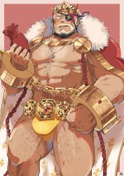 Rule 34 | 1boy, balor (housamo), bara, beard, black hair, blonde hair, blue eyes, cape, chain, chest hair, cowboy shot, crown, cuffs, dog tags, eyepatch, facial hair, flaming eye, fur-trimmed cape, fur trim, gold chain, gold trim, head, highres, large pectorals, leg hair, looking at viewer, male focus, male underwear, mature male, multicolored hair, muscular, muscular male, official alternate costume, pectorals, red background, sawch cls, scar, scar across eye, scar on arm, scar on chest, scar on face, shackles, short hair, simple background, solo, thick thighs, thighs, tokyo houkago summoners, tusks, two-tone hair, underwear, yellow male underwear