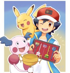 Rule 34 | 1boy, ash ketchum, baseball cap, black hair, blue vest, border, brown eyes, closed eyes, creatures (company), game freak, gen 1 pokemon, hat, highres, holding, holding trophy, looking at viewer, mr. mime, nintendo, on shoulder, one eye closed, open clothes, open mouth, open vest, outside border, pikachu, pokemon, pokemon (anime), pokemon (creature), pokemon journeys, pokemon on shoulder, red headwear, shirt, short hair, short sleeves, spiked hair, teeth, trophy, upper body, upper teeth only, vest, white shirt