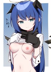 Rule 34 | 1girl, absurdres, arknights, asymmetrical gloves, black halo, black wings, blue background, blue eyes, blue hair, border, breasts, breasts out, clothes lift, dark halo, demon horns, detached wings, eighth note, energy wings, gloves, halo, highres, horns, lifted by self, long hair, looking at viewer, losingmysauce, mismatched gloves, mostima (arknights), musical note, navel, nipples, no bra, outside border, shirt, shirt lift, simple background, small breasts, smile, solo, upper body, very long hair, white border, white shirt, wings