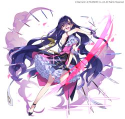 Rule 34 | 1girl, ascot, bare shoulders, dress, fingerless gloves, frilled dress, frills, gloves, highres, knife, long hair, looking at viewer, mansu, official art, open mouth, original, pocket watch, purple eyes, purple hair, simple background, smoke, solo, thigh strap, very long hair, watch