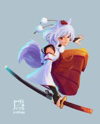 Rule 34 | 1girl, absurdres, animal ear fluff, animal ears, arddingo, artist name, bare shoulders, black gloves, blue background, closed mouth, detached sleeves, fingerless gloves, full body, gloves, highres, holding, holding sword, holding weapon, inubashiri momiji, katana, looking at viewer, pom pom (clothes), red eyes, red skirt, shirt, short hair, simple background, skirt, smile, solo, sword, tail, touhou, weapon, white hair, white shirt, white sleeves, wolf ears, wolf girl, wolf tail