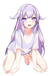 Rule 34 | 1girl, absurdres, all fours, blush, colored inner hair, feet, full body, hair flaps, highres, hololive, hololive english, kneeling, koseki bijou, leaning forward, long hair, looking at viewer, multicolored hair, no pants, open mouth, panpanmc4, purple eyes, purple hair, shirt, simple background, smile, solo, t-shirt, very long hair, virtual youtuber, white background, white shirt
