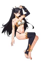 Rule 34 | 1girl, anklet, arm up, armlet, asymmetrical legwear, asymmetrical sleeves, bare shoulders, bikini, black hair, blush, breasts, chela77, cleavage, collarbone, crown, detached sleeves, earrings, fate/grand order, fate (series), feet, gold trim, highres, hoop earrings, ishtar (fate), jewelry, legs, looking at viewer, medium breasts, mismatched bikini, navel, neck ring, parted bangs, red eyes, simple background, single detached sleeve, single thighhigh, swimsuit, thighhighs, tiara, two side up, uneven legwear, uneven sleeves, white background