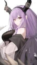 Rule 34 | 1girl, absurdres, arknights, bare shoulders, black hairband, black horns, black shirt, breasts, closed mouth, commentary, fake horns, from behind, hairband, highres, horn hairband, horns, jacket, large breasts, long hair, looking at viewer, off shoulder, ozeu0916, purple hair, red eyes, shirt, simple background, solo, typhon (arknights), upper body, white background, white jacket