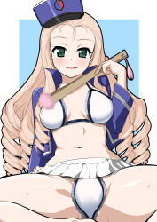 Rule 34 | 1girl, absurdres, aegis (nerocc), barefoot, bc freedom military uniform, blonde hair, blue background, blue hat, blue jacket, blush, bra, breasts, butterfly sitting, clothes lift, drill hair, emblem, folding fan, girls und panzer, green eyes, halterneck, hand fan, hat, highres, holding, holding fan, jacket, kepi, lace, lace-trimmed bra, lace-trimmed panties, lace trim, leaning back, lingerie, long hair, long sleeves, looking at viewer, marie (girls und panzer), medium breasts, military, military hat, military uniform, miniskirt, navel, no shirt, open clothes, open jacket, open mouth, outside border, panties, pleated skirt, sitting, skirt, skirt lift, smile, solo, sweat, tassel, tilted headwear, underwear, uniform, white bra, white panties, white skirt