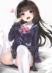 Rule 34 | 1girl, absurdres, bad id, bad pixiv id, black hair, black jacket, black skirt, blue eyes, blush, bow, bowtie, breasts, feet out of frame, hair ornament, hairclip, heart, highres, jacket, kazanock, long hair, long sleeves, looking at viewer, medium breasts, miniskirt, nijisanji, open mouth, panties, polka dot, polka dot background, school uniform, simple background, sitting, skirt, smile, solo, striped clothes, striped panties, thighhighs, thighs, top-load washing machine, tsukino mito, tsukino mito (1st costume), underwear, virtual youtuber, washing machine, white thighhighs