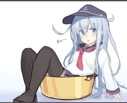 Rule 34 | 1girl, bad id, bad twitter id, black thighhighs, blue eyes, flat cap, full body, hat, hibiki (kancolle), in pot, kantai collection, long hair, looking at viewer, nabe, necktie, open mouth, pleated skirt, pot, red necktie, reitou mikan, russian text, school uniform, serafuku, silver hair, simple background, sitting, skirt, solo, thighhighs, white background