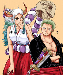Rule 34 | 1girl, 2boys, ?, absurdres, closed mouth, crossed arms, curled horns, earrings, green hair, hair bun, hair ornament, hair stick, high ponytail, highres, hoop earrings, horns, japanese clothes, jewelry, katana, long hair, looking at another, multicolored hair, multicolored horns, multiple boys, one eye closed, one piece, oni, oni horns, open clothes, ponytail, red sash, riku (rikuw223xx), rope, roronoa zoro, sash, scar, scar across eye, scar on chest, scar on face, shimenawa, shimotsuki ushimaru, short hair, single hair bun, smile, sword, thinking, traditional clothes, weapon, yamato (one piece)