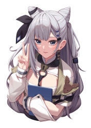 Rule 34 | 1girl, absurdres, asymmetrical hair, braid, braided bangs, breasts, cleavage, cleavage cutout, closed mouth, clothing cutout, cone hair bun, double bun, earrings, erezu, grey eyes, grey hair, hair bun, hand up, highres, hololive, hololive indonesia, jewelry, light smile, long hair, long sleeves, looking at viewer, medium breasts, simple background, solo, tsurime, upper body, vestia zeta, virtual youtuber, white background