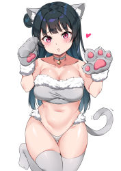 Rule 34 | 1girl, animal ears, animal hands, bare shoulders, bell, black hair, blunt bangs, blush, bra, breasts, cat ears, cat tail, choker, cleavage, collarbone, fur trim, gloves, hair bun, hand up, head tilt, heart, highres, kemonomimi mode, large breasts, long hair, looking at viewer, love live!, love live! sunshine!!, navel, neck bell, panties, paw gloves, pink eyes, side bun, simple background, single side bun, solo, stomach, tail, tem10, thigh gap, thighhighs, tsushima yoshiko, underwear, underwear only, white background, white bra, white choker, white panties, white thighhighs