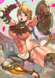 Rule 34 | 1girl, abs, armor, armpits, arms up, bad id, bad pixiv id, bikini armor, black panties, blonde hair, blue eyes, boots, braid, breasts, circlet, cleft of venus, commentary request, f.s., gloves, highres, large breasts, lips, long hair, looking at viewer, midair, midriff, muscular, muscular female, navel, open mouth, original, panties, sandals, shield, shiny skin, skindentation, solo, sword, teeth, thighs, tongue, twin braids, underboob, underwear, vambraces, warrior, weapon
