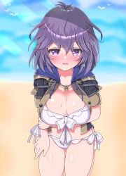Rule 34 | 1girl, absurdres, bernadetta von varley, bikini, blush, breasts, cleavage, fire emblem, fire emblem: three houses, full-face blush, highres, large breasts, looking at viewer, matching hair/eyes, nintendo, outdoors, purple eyes, purple hair, solo, swimsuit, white background