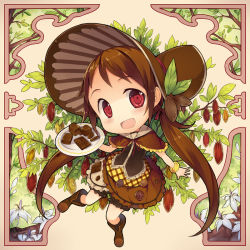 Rule 34 | 1girl, :d, bonnet, brown eyes, brown hair, cacao fruit, candy, chibi, chocolate, chocolate bar, food, fred04142, fruit, full body, hair ribbon, hairband, lolita hairband, long hair, looking at viewer, open mouth, original, plate, ribbon, scrunchie, smile, solo, standing, standing on one leg, twintails, very long hair, wrist scrunchie