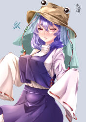 Rule 34 | 1girl, :/, absurdres, breasts, closed mouth, cosplay, cowboy shot, grey background, highres, large breasts, looking at viewer, medium hair, mononobe kanako, moriya suwako, moriya suwako (cosplay), purple hair, purple skirt, purple vest, red eyes, ribbon-trimmed sleeves, ribbon trim, shirt, signature, simple background, skirt, sleeves past fingers, sleeves past wrists, solo, squiggle, standing, touhou, veil, vest, white shirt, yasaka kanako